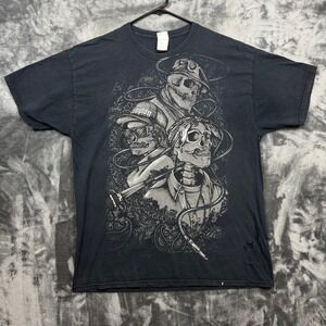 Fruit of the Loom Graphic Mens Large Black Skull Rap Streetwear Distressed